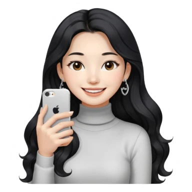 Korean 24-year-old female online shopping mall seller / white face / earrings / smiling expression / long wavy hair / influencer vibe / fashionable / black hair / silver earrings / skinny white turtleneck sticker