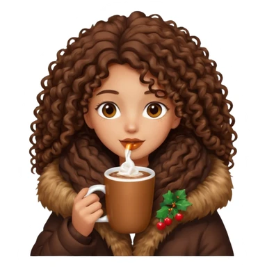 tanned girl with long brown curly hair, drinking hot chocolate , wearing oversized fur jacket sticker
