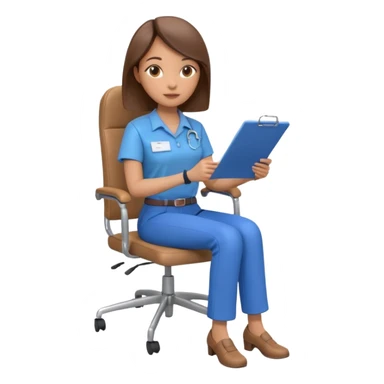 Generate an emoji of a female AI ethicist in blue shirt brown pant sitting in a chair and has a checklist stating AI ethics elements like stop bias, fairness score. I want 3d figurine sticker