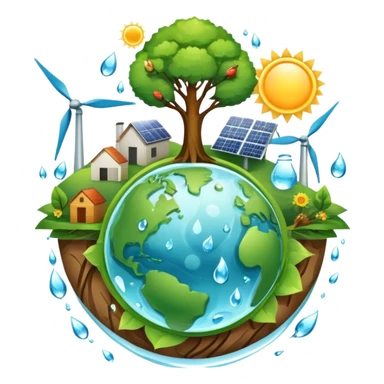 An icon featuring a green Earth, a tree, recycling symbols, and renewable energy sources like wind turbines, solar panels, and hydropower. The design includes animals, water droplets, and the sun, representing ecology, sustainable energy, and environmental protection. Transparent background. sticker
