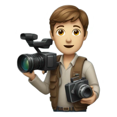 European film director with brown short hair holding a cinema camera sticker