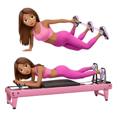 girl doing a plank on a pilates reformer in a pink workout set with long brown hair sticker