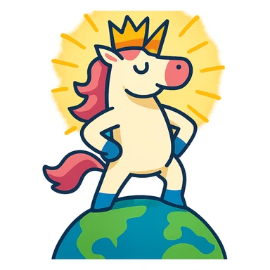 unicorn king on top of the world glowing with a bright aura exuding confidence and triumph sticker