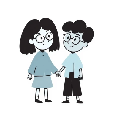 a light brown girl with black medium hair, clear glasses, wearing a light blue top, and a light blue boy next to her sticker