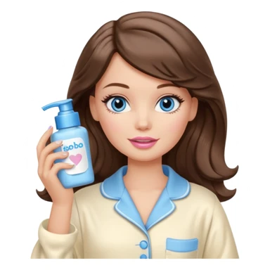 Barbie girl with makeup, blue eyes , and bob long haircut wavy, short brown hair in creamy color pajamas, face cream in hand sticker