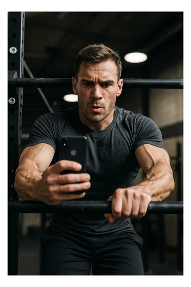 uomo che fa Muscle up e si sta filmando davanti con il telefonino per vedere la sua posizione dei gomiti e delle mani sulla sbarra sticker