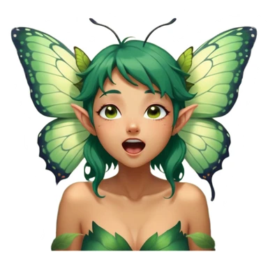 Cinematic Realistic Forest Fairy Portrait, head tilted slightly with a dramatic, wide-open yawn, revealing a tender, relaxed visage with finely detailed tanned skin and flowing, vine-adorned dark green hair gently framing her face. Her sleepy eyes exude a serene, dreamlike quality as soft natural sunlight filters through the canopy, showing her large butterfly wings from her back capturing the essence of a drowsy yet captivating forest drifting into peaceful slumber. sticker