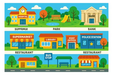 vibrant cartoon style image showing ten common places in town: school, hospital, park, bank, supermarket, library, post office, police station, restaurant, bus stop; each place clearly labeled with the label underneath; includes a road and trees; colorful and lively educational English learning material sticker
