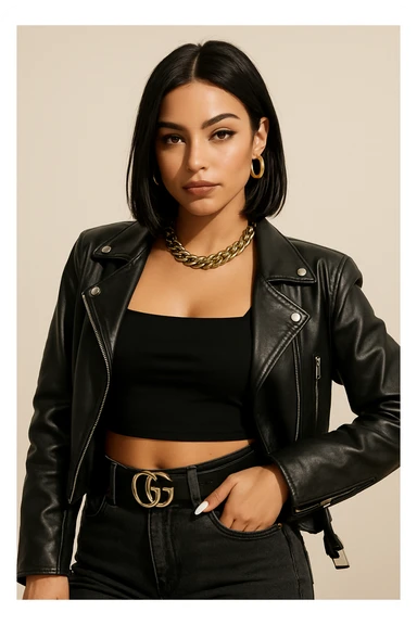 baddie character with dark hair, hazel eyes, small nose, confident expression, stylish look sticker