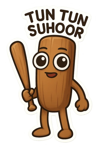 Tun Tun Suhoor as a chibi emoji, full wooden stick body, smooth brown, large cartoon eyes on wood, small mouth, human-like arms and legs, holding a wooden bat, uncanny and silly meme vibe, no text sticker