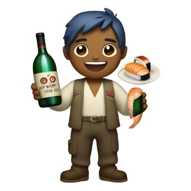 Stitch smiling while holding a sushi boat in a hand, and a wine bottle in the other one sticker