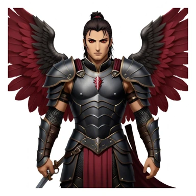 A towering Illyrian warrior with long, dark hair tied loosely at the nape of his neck, his hazel eyes flickering with battle-hardened resolve and mischief. His powerful frame is clad in black leather armor with deep crimson accents, fitted perfectly to his broad shoulders. His massive Illyrian wings stretch behind him, their leathery surface marked by scars of countless battles. A wicked grin plays on his lips, revealing the roguish charm beneath the warrior's exterior. sticker