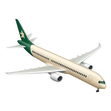 minimalist large passenger airplane, elongated fuselage, fully light beige (milky), only dark green (#173e12) accents, Apple emoji style, no text sticker