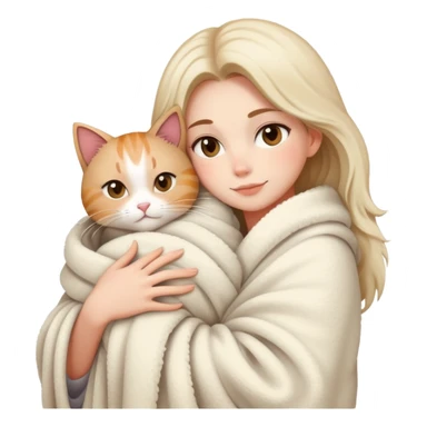 A beautiful woman wrapped in a blanket hugs a cat sticker