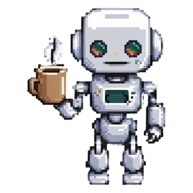 A robot character holding a coffee mug sticker