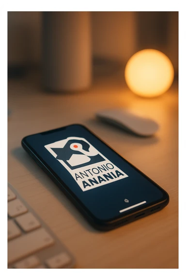 A photo of an iPhone on the desk with the message "Antonio Anania" on its screen, The phone sits atop a desk with a blurred background that suggests work environment. A faint glow from above casts gentle shadows across the surface of each object, creating depth and highlighting their textures sticker