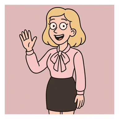 A woman light yellow hair Sky pink Flavia Pussy Bow Blouse Black Numana Straight Skirt a hand say hello sticker