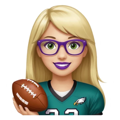 long blonde hair with bangs black rectangle glasses female green eyes football player wearing eagles uniform jersey number 33 holding football smiling purple lipstick sticker