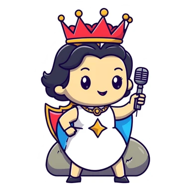 rock and roll queen with crown, microphone, rock star pose, energetic sticker
