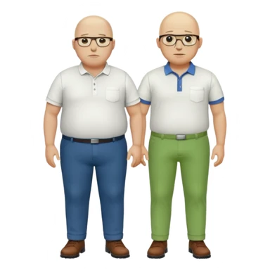 two guys, the first guy is white bald have glases a white dressshirt with rolled up sleeves and green pants he is over weight, The second guy has a yellow skin white golf shirt blue jeans and bald they should stand next to eachother they are both really fat  sticker