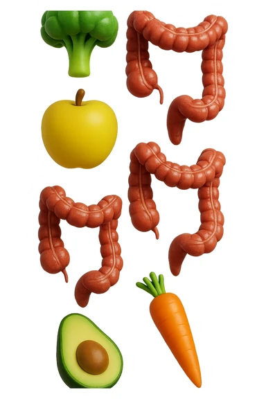 emoji stile iphone in 3d di cibo sano che fluttua in aria vericalmente insieme a pezzi di colon umano anatomico, iperrealistico 4k sticker