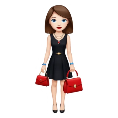 chica labios rojos ojos azules pecas pelo marron collar pulsera vestido negro tacones y un bolso rojo sticker