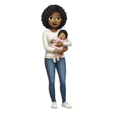 Black hair light skin girl holding baby sticker