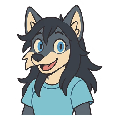 anime style wolf furry character with blue eyes, long black hair, wearing a light blue shirt sticker