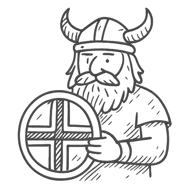 Norwegian Viking with red beard and helmet with horns. Holds a round shield with Norwegian pattern sticker