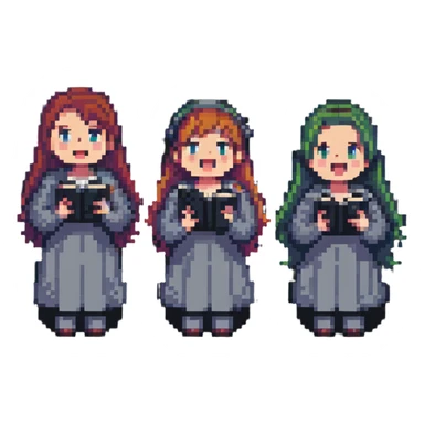 acappella group of four people singing, pixel art style sticker