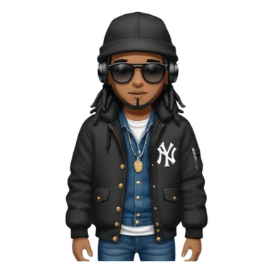 African American man with shoulder length black dreadlocks and black sunglasses wearing a black New York Yankees baseball hat wearing a black bubble winter coat with denim skinny jeans and timberland boots wearing headphones sticker