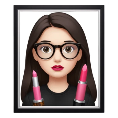 The girl with dark long hair divided in the middle of the head, white skin, black eyes, wearing black shirt and tortoise framed glasses. Lipstick is light smooth old pink. sticker