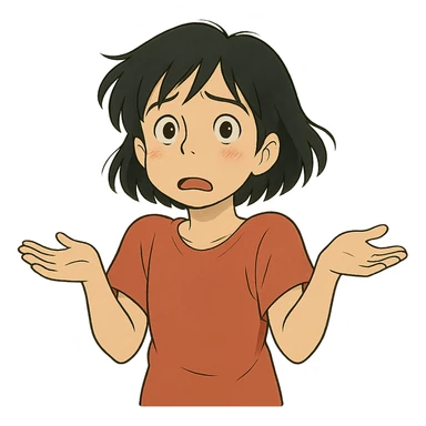ghibli style confused black-haired girl, expressive 'I don't know what I want to do' face sticker