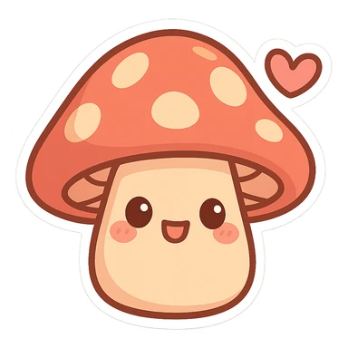 chibi sticker-style mushroom with a heart accent, cute and exaggerated sticker