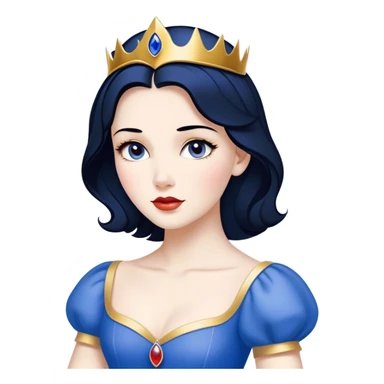 Cinematic Timeless Snow White Portrait Emoji, rendered in a clean, vector style. Depict Snow White with flawless porcelain skin, elegantly styled raven hair, and a serene, graceful expression, dressed in her classic blue and gold ensemble. The design features bold, simplified shapes, a soft, enchanting glow, and a subtle glowing outline, epitomizing pure, timeless beauty. sticker