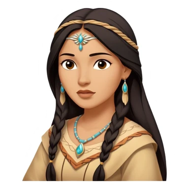 Cinematic Serene Pocahontas Portrait Emoji, rendered in a realistic, simplified vector style. Depict a gentle Pocahontas (chest and above) with warm, glowing skin, loosely flowing dark hair, and a calm, reflective expression, wearing modest traditional attire in earthy hues. The image is bathed in a soft, inviting glow with high shine and a soft glowing outline. sticker