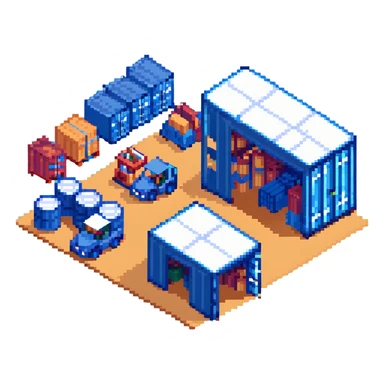 isometric warehouse building with loading dock, shipping containers, and forklift sticker