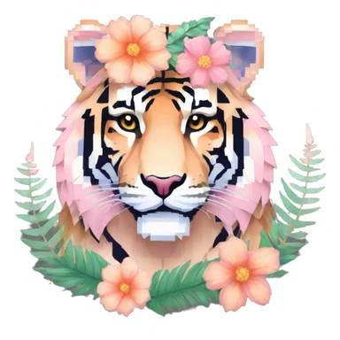 Pixel art of a pixel pink peach beige blue cream pastel pixel tiger pixel lion wearing tropical flowers and leaves, flower crown, floral, pixel sticker