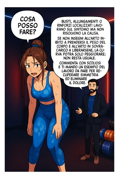 ispirati a questo stile di disegno e fai questa immagine in versione manga/webtoon a colori, il manga mostra la donna preoccupata che chiede: "COSA POSSO FARE?" E L'UOMO CHE RISPONDE: Busti, allungamenti o rinforzi localizzati lavorano sul sintomo ma non risolvono la causa. Se non insegni all’arto inibito a prendersi il peso del corpo e all’arto in sovraccarico a liberarsene, la curva potrà solo peggiorare; non resta uguale. Commenta con scoliosi e ti mando un esempio del lavoro da fare per recuperare simmetria ed eliminare il dolore. sticker
