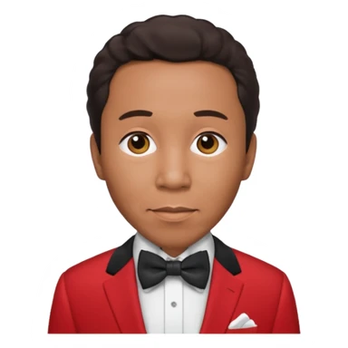 Smokey Robinson with dark brown hair, red suit with bow tie sticker