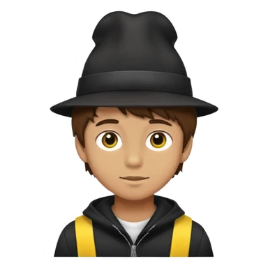 boy with fluffy brown hair wearing a black hat with yellow accents sticker