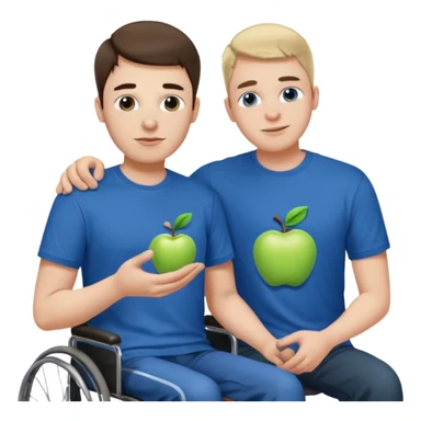 A guy in a blue Apple T-shirt, helping a disabled person who is ugly sticker
