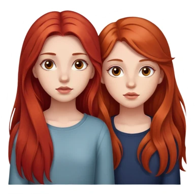 two girls, they are 18 years old. The first girl has long red hair, no bangs, and rough eyes. The second girl has long brown hair and brown eyes, large eyelashes, plump lips sticker