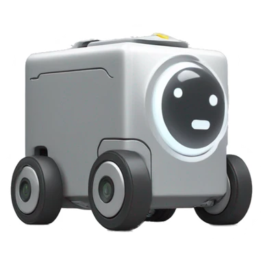 solid rectangle gray delivery robot with white circle white led eyes and opening lid on 4 wheels with food sticker