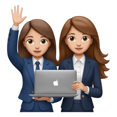 

two brown haired girls, looking professional maybe leaned on each others back and looking forward and waving with long hair and one girl can hold lap top another one can hold the phone, professional clothes, more stylish

 sticker