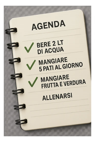 FOGLIO DI AGENDA CON SCRITTO:
BERE 2 LT DI ACQUA
MANGIARE 5 PASTI AL GIORNO
MANGIARE FRUTTA E VERDURA
ALLENARSI, 

METTI QUALCHE SPUNTA VERDE SULLE ATTIVITò CHE SONO GIà STATE SVOLTE, iperrealistico 4k sticker