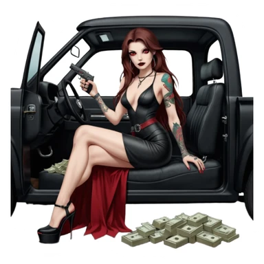 Lilith symbol red eye seductress evil long brown haired sexy succubus woman with leather long dress with slit, sitting in Big Large F350 pickup truck. Black Platform high heels on feet. Tattoo sleeve arms, seat full of stacks of cash, and a man dead human skull of her enemies and a gun in other hand sticker
