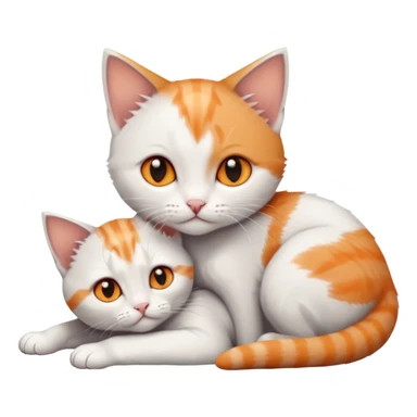 full body of very small + skinny ginger and white kitten with deep orange eyes and triangular shaped face lying down cuddling a grey and white kitten who is a bit bigger than him sticker