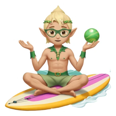 elf male legolas sitting on surfboard (ashore), hands manipulating two orbs of swirling seawater giving a "massage" to his own shoulders, wearing relaxed linen shorts over swimwear, tinted elven sunglasses, pointy ears, content expression, centered emoji sticker