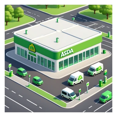 Isometric ASDA store with green logo, petrol station, large parking area, and delivery vans sticker